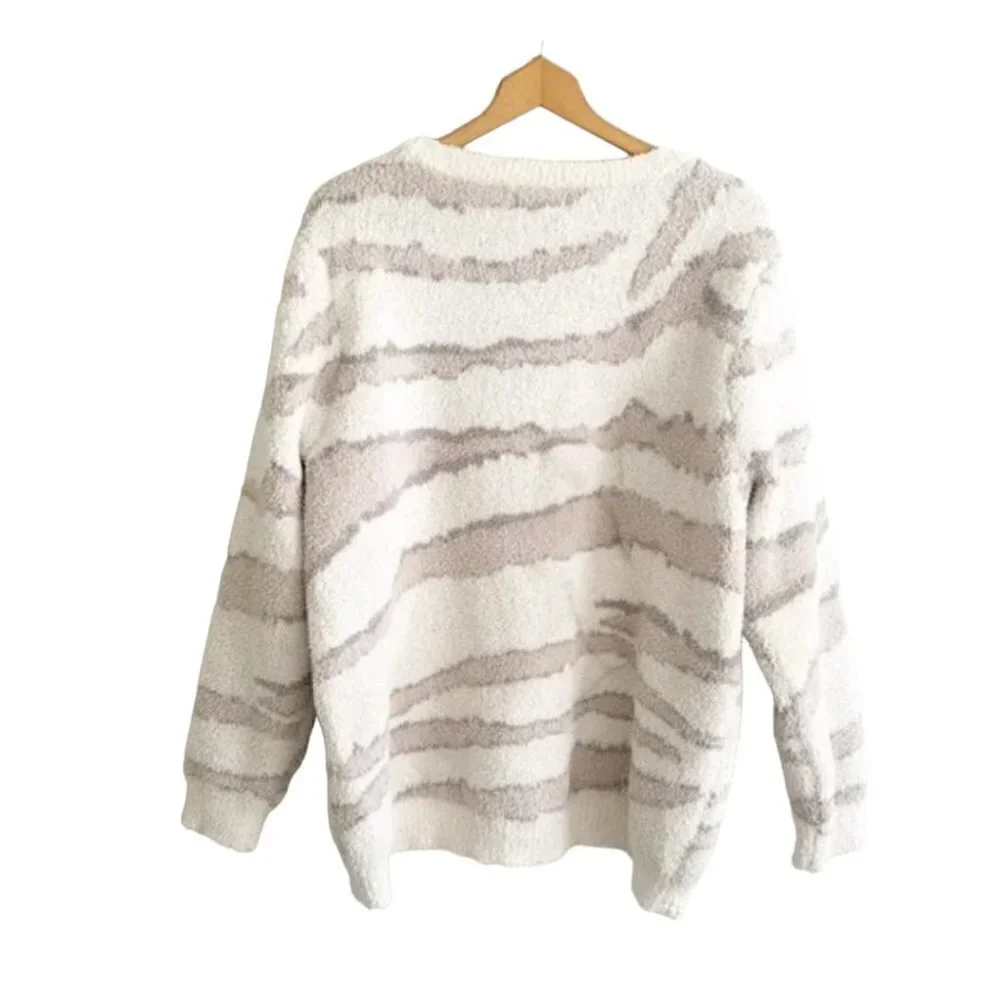 Barefoot Dreams CozyChic Seaside CrewNeck Pullover Sweater Cream Zebra Ivory - Picture 8 of 10